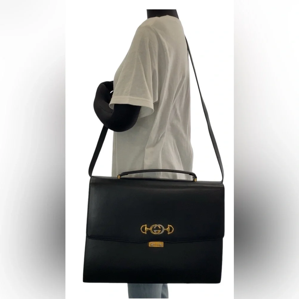 Gucci Zumi Briefcase Black Grain Leather w/ Gold & Silver Hardware Authentic